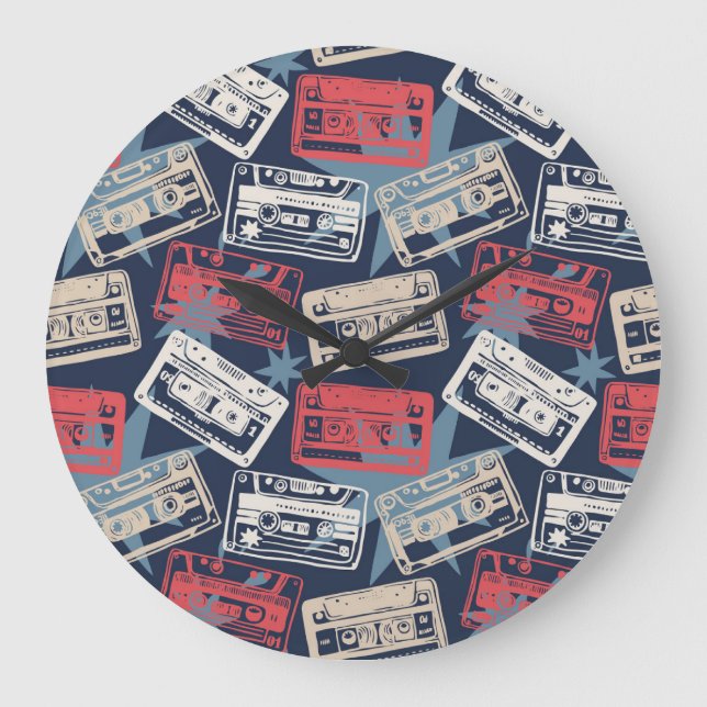 Old Music Cassettes Vintage Seamless Large Clock (Front)