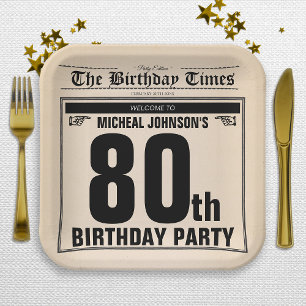 Old Newspaper Fun 80th Birthday Party Custom Paper Plate