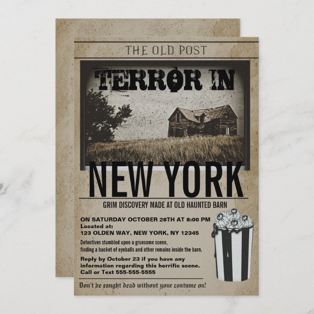 Old Newspaper Haunted Barn Halloween Party  Invitation (Front/Back)