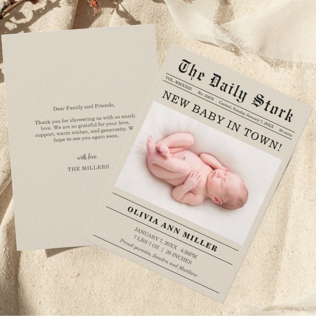 Old Newspaper Style Birth Announcement Card (Creator Uploaded)