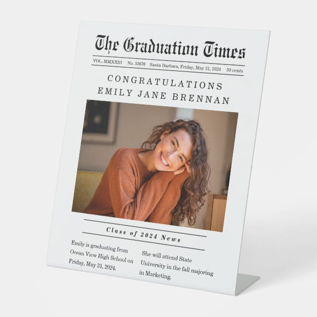 Old Newspaper Style Graduation Announcement Pedestal Sign (Front)