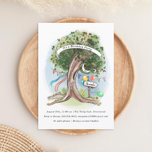 Old Oak Tree Balloons Flag Birthday Party Invitation