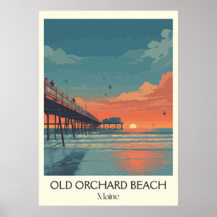 Old Orchard Beach ME Vintage Pier Sunset Art Poster