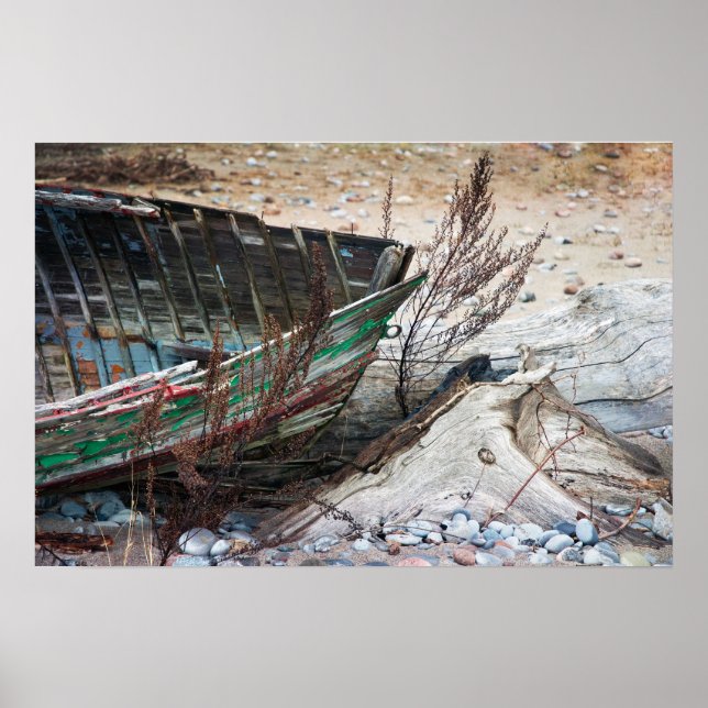 Old Painted Wood Boat Abandoned on Beach Poster (Front)