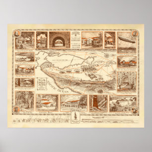 Old Palo Alto CA Map (1925) Vintage California Bay Poster