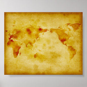 Old paper faded paint world map poster