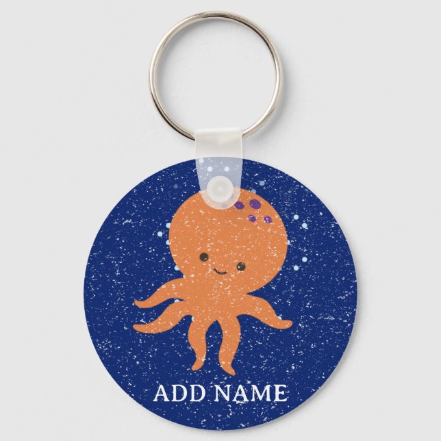 Old Paper Print Cute Octopus Cartoon Custom Name Key Ring (Front)