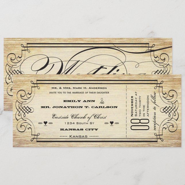 Old Paper Ticket Flourish Typography Wedding Invitation (Front/Back)