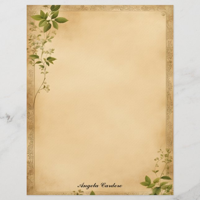 Old Paper with Green Vines Stationery Paper Custom Letterhead (Front)