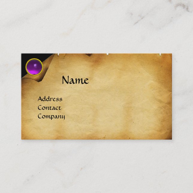 OLD PARCHMENT, GEM STONE, MONOGRAM purple Business Card (Front)
