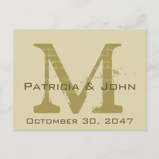 Old Parchment, Gold Monogram Wedding Save the Date Announcement Postcard (Front)