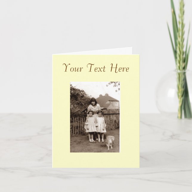 Old photo cute identical twin girl sisters and cat card (Front)