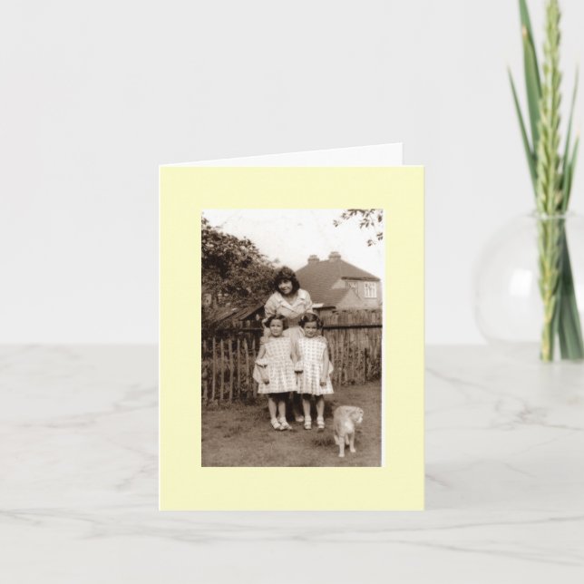 old photo cute identical twin girls with cat card (Front)