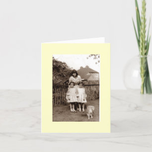 old photo cute identical twin girls with cat card