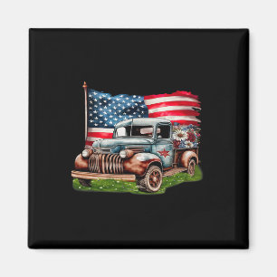 Old Pickup Truck American Flag 4th Of July Patriot Magnet