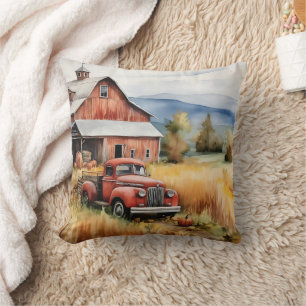 Old Pickup Truck and Red Barn in Autumn Cushion