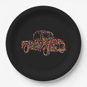 Old Pickup Truck Flower Pattern Paper Plate