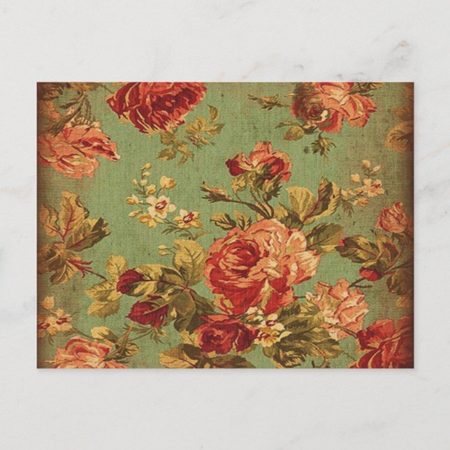 Old Pink Roses on Green Postcard (Front)