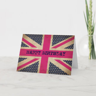 Old Pink Union Jack Flag Happy Birthday Card