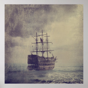 Old pirate ship in the sea. poster