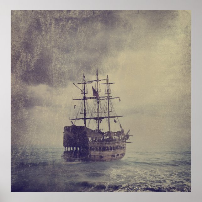 Old pirate ship in the sea. poster (Front)