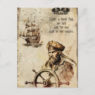 Old Pirates of the Caribbean Ship Captain Flag Postcard