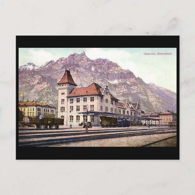 Old Postcard, Railway Station, Glarus, Switzerland Postcard (Front)