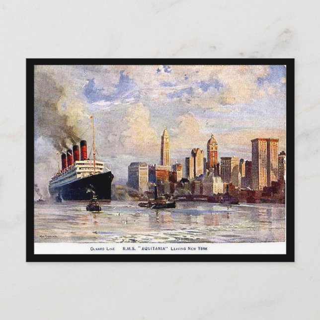 Old Postcard - RMS Aquitania leaving New York (Front)
