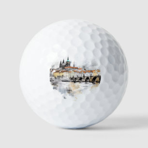 Old Prague, Charles bridge watercolor Golf Balls