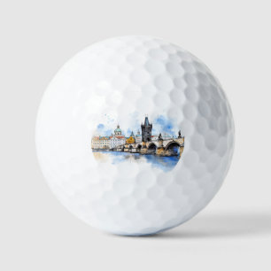 Old Prague, Charles bridge watercolor Golf Balls