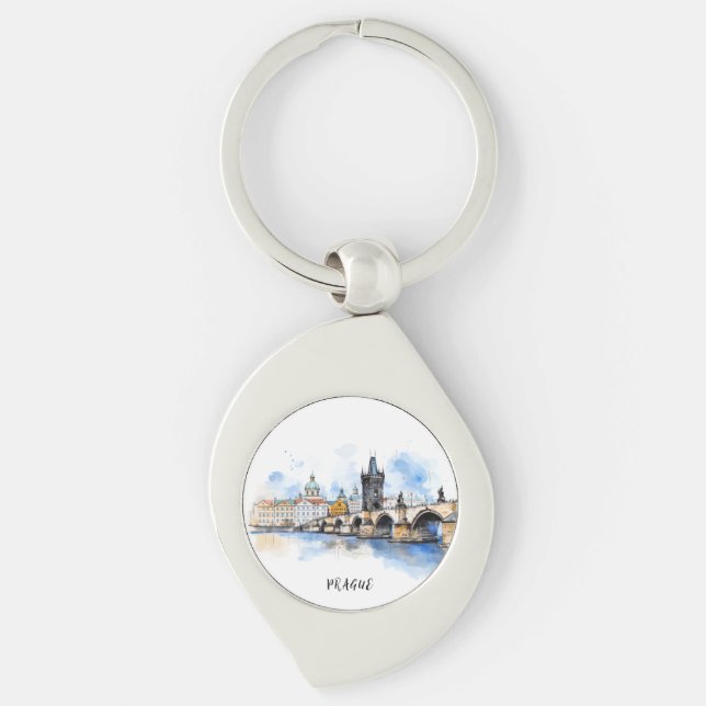 Old Prague, Charles bridge watercolor Key Ring (Front)