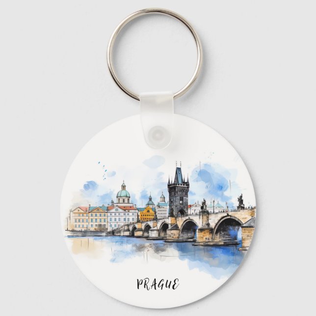 Old Prague, Charles bridge watercolor Key Ring (Front)