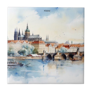Old Prague, Charles bridge watercolor Tile