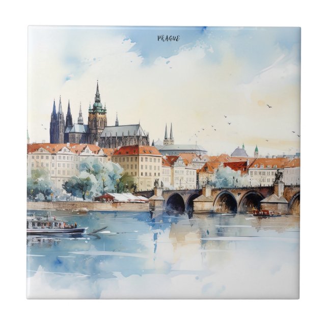 Old Prague, Charles bridge watercolor Tile (Front)