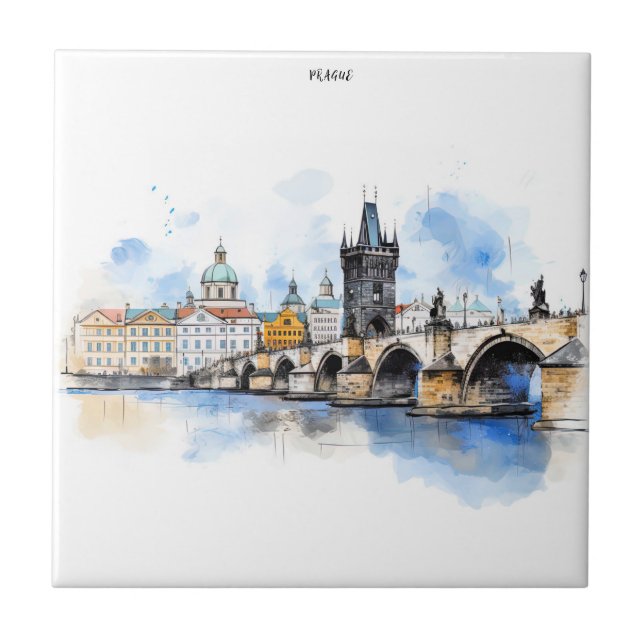 Old Prague, Charles bridge watercolor Tile (Front)