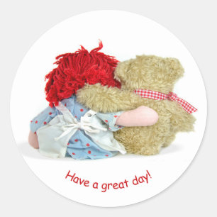 old rag doll and teddy friendship classic round sticker