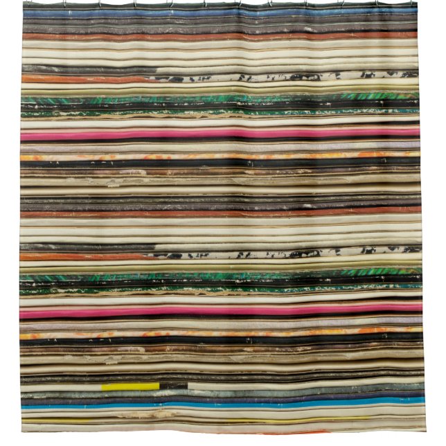 Old record carton covers stacked in pilerecord, vi shower curtain (Front)
