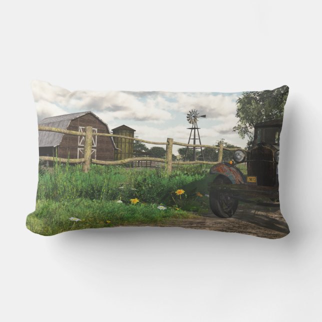Old Red Barn and Rusty Truck Lumbar Throw Pillow (Front)