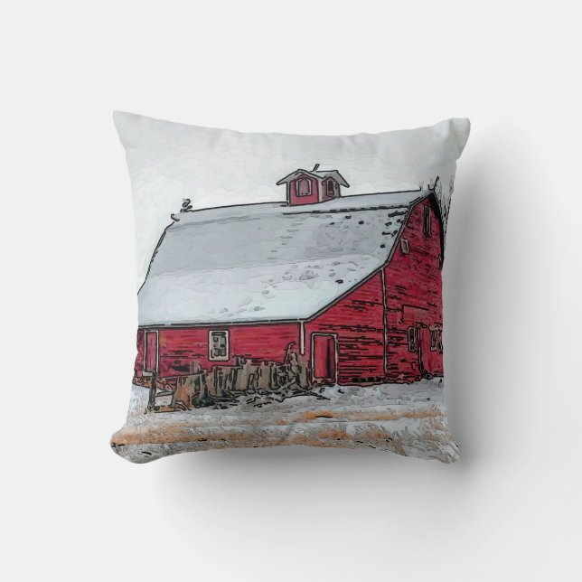 Old Red Barn In Snow Cushion (Front)