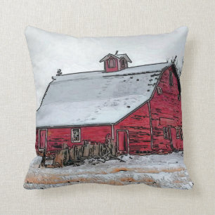 Old Red Barn In Snow Cushion