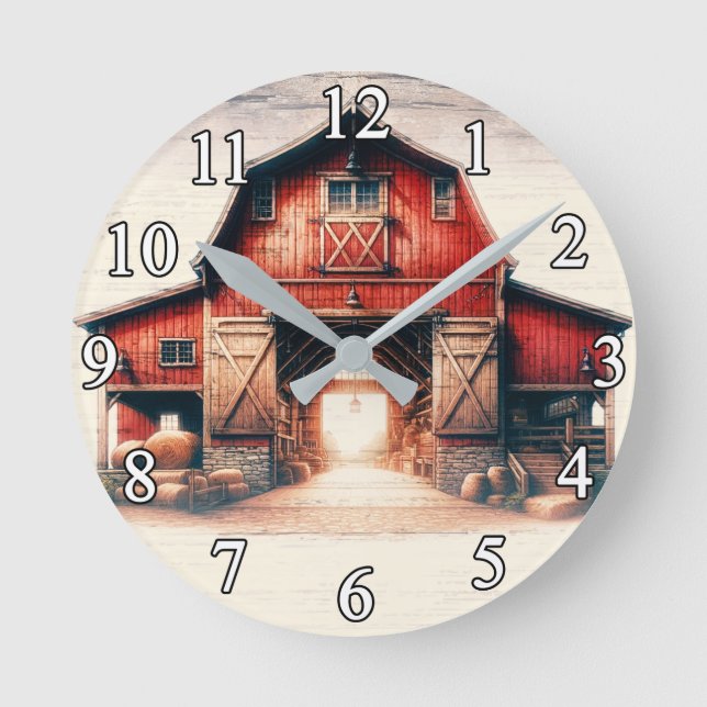 Old Red Barn Rustic Country  Round Clock (Front)