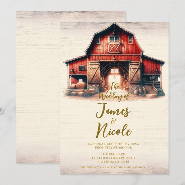 Old Red Barn Rustic Country Wedding Invitation (Front/Back)