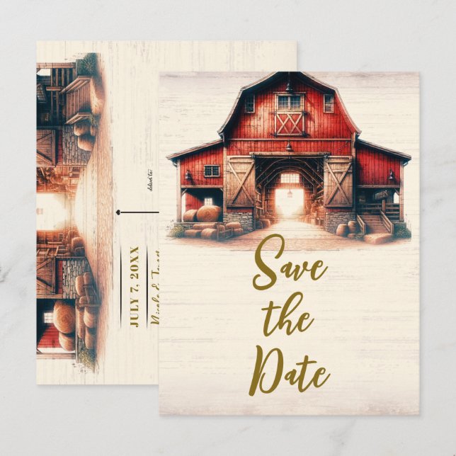 Old Red Barn Rustic Country Wedding Save the Date  Announcement Postcard (Front/Back)