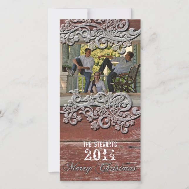 Old Red Barn Wood Silver Snow Photo Christmas Card (Front)