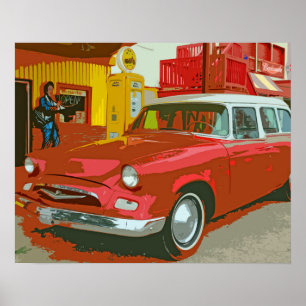 Old Red Car at Old Service Station Poster