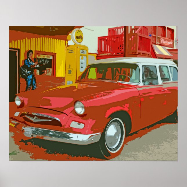 Old Red Car at Old Service Station Poster (Front)
