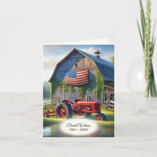 Old Red Farm Tractor Funeral Program Holiday Card (Front)