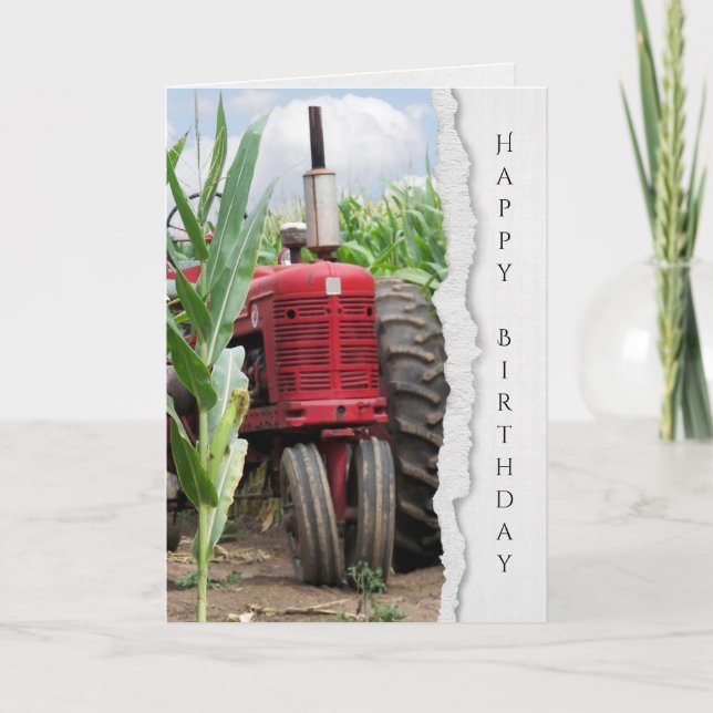 old red farm tractor in cornfield birthday card (Front)