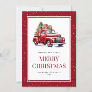 Old Red Farm Truck Christmas Tree Gifts Snow Holiday Card