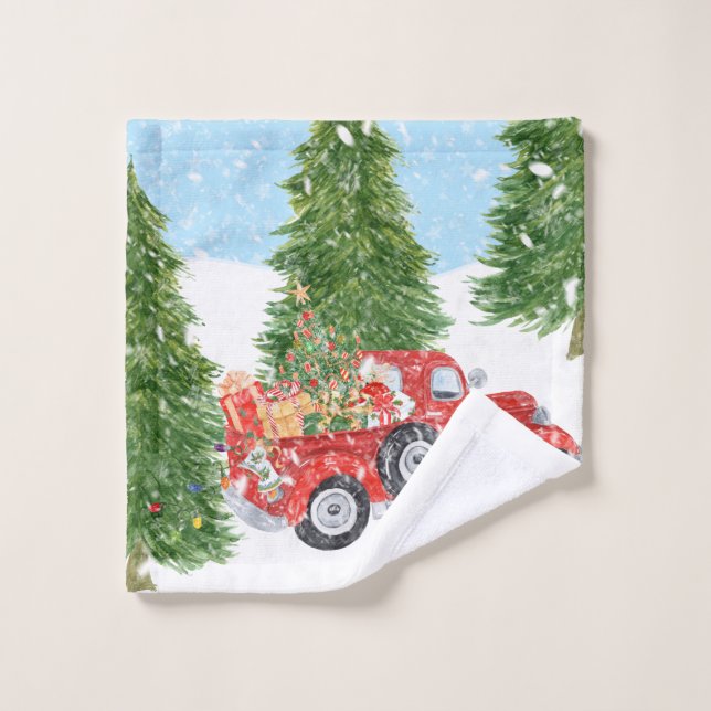 Old Red PickUp Truck Going Through Snow Bath Towel Set (Wash Cloth)